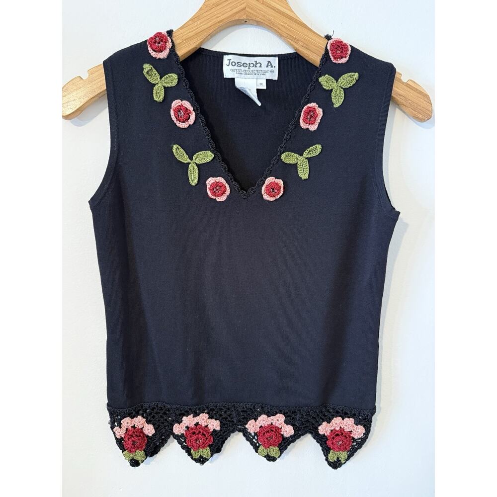 Vtg Joseph A Womens Y2K Top Size M Floral Crochet Boho Festival Black Granny